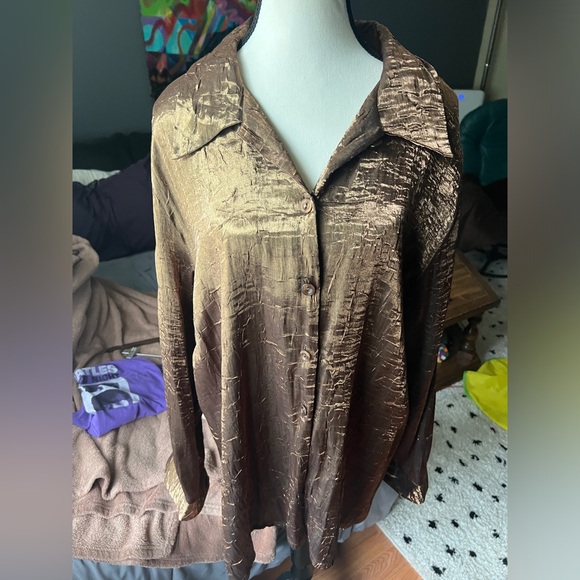 Gold Metallic Button-Up Blouse - Picture 1 of 7